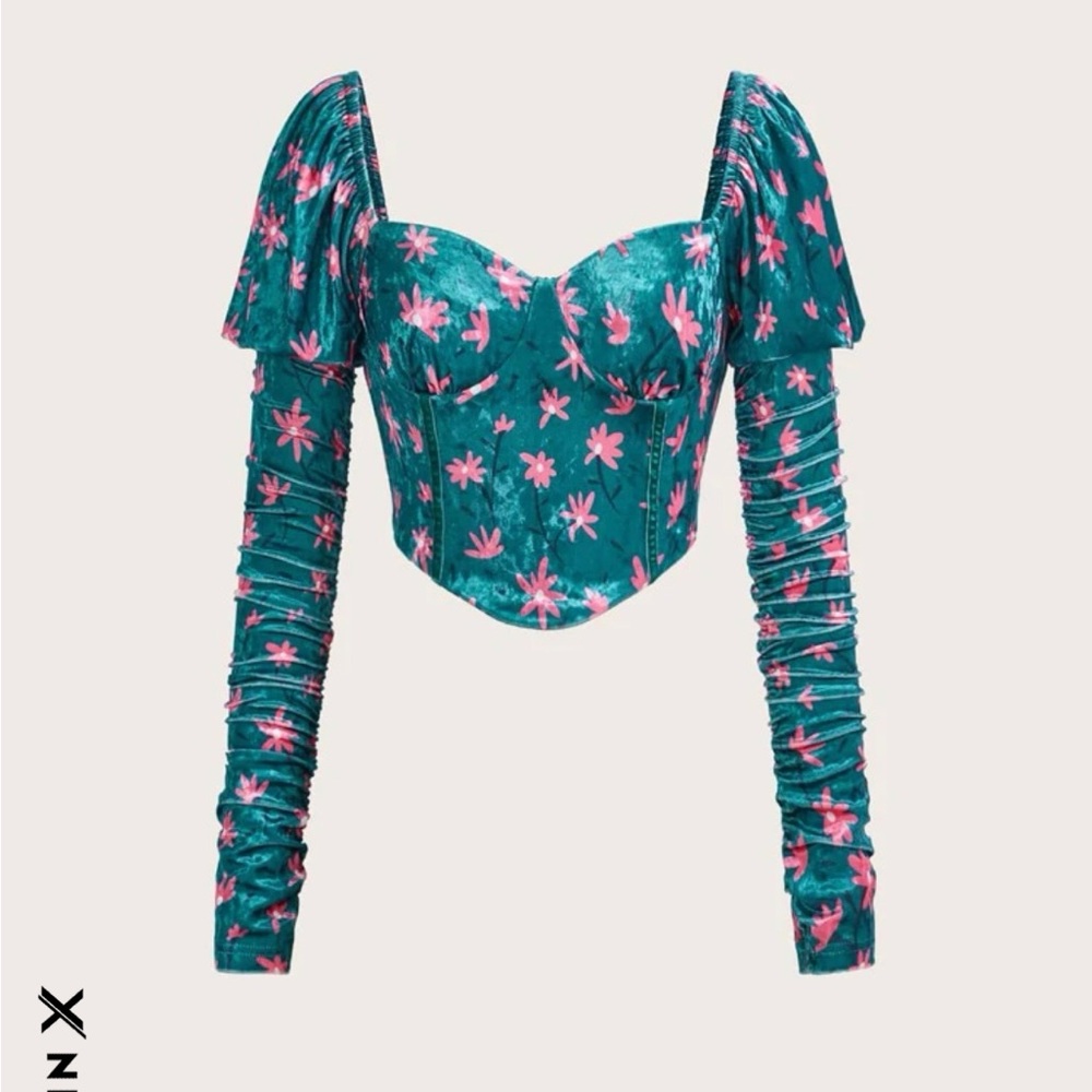 CUTE Floral Print Ruched Bustier Crop Blouse